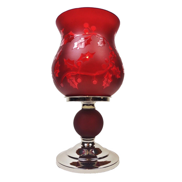 Elegant Etched Hurricane Glass Candle Holder Red Globe w Silver Base Belk NIB - Picture 1 of 12